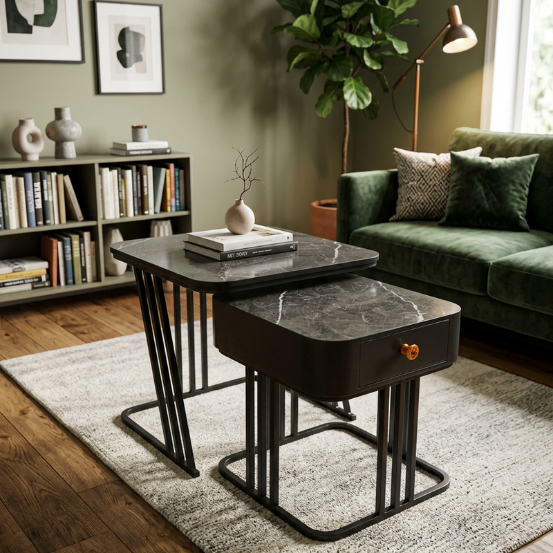 CRAFT DECOR Modest Marbled Finish Square Coffee Table Set of 2 Nesting Stacking Tea Tables Luxury Sofa Center Table with Wooden Drawer and Gold Metal Frame for Living Room Bedroom