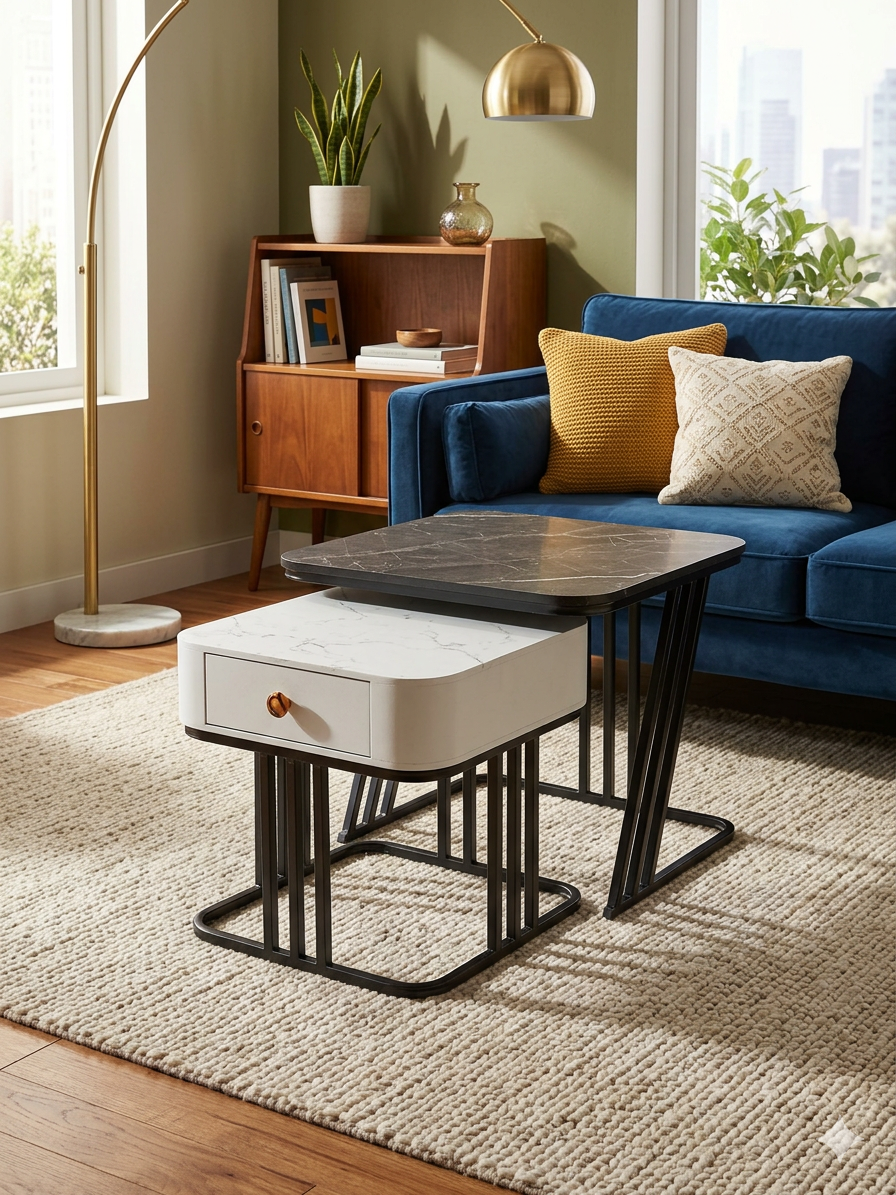 CRAFT DECOR Modest Marbled Finish Square Coffee Table Set of 2 Nesting Stacking Tea Tables Luxury Sofa Center Table with Wooden Drawer and Gold Metal Frame for Living Room Bedroom