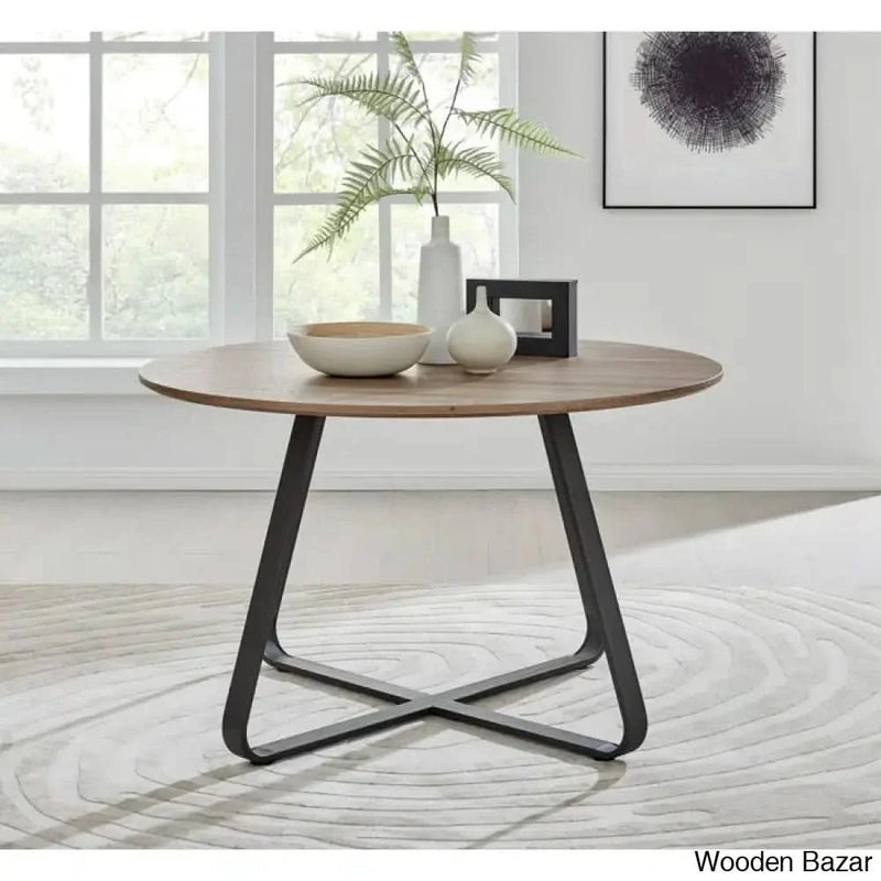 Industrial Chic Round Wood-Effect Dining Table Set with 6 Luxe Velvet Upholstered Chairs