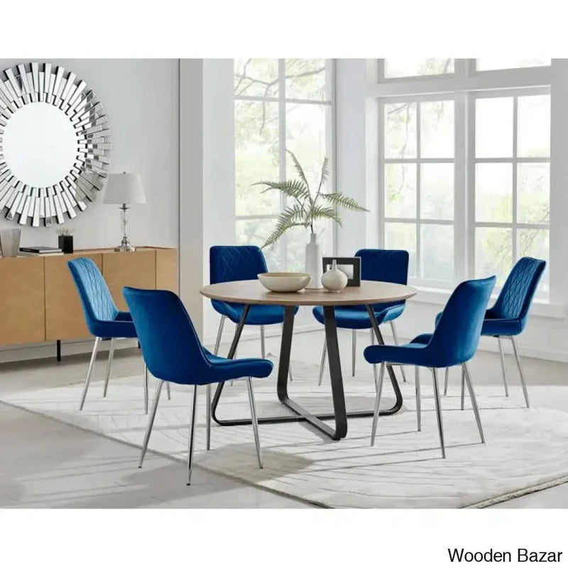 Industrial Chic Round Wood-Effect Dining Table Set With 6 Luxe Velvet Upholstered Chairs Navy/Silver