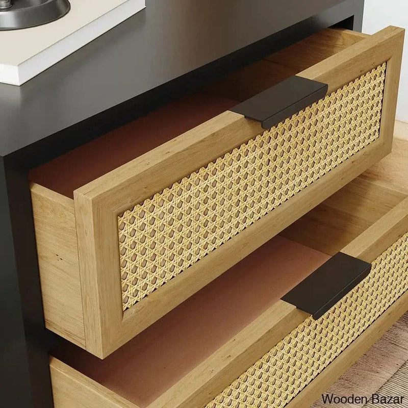 Industrial Wood Bedside table Nightstand Rattan Woven  Nightstand with 2 Drawers Storage for Bedroom