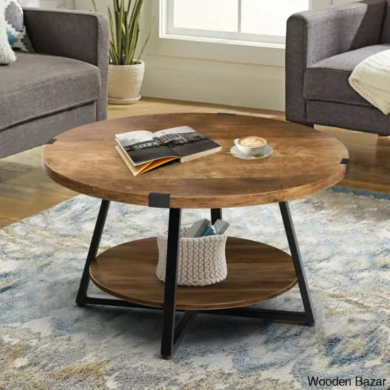 Jahaira Round Coffee Table with 2-Tier Storage Shelves Coffee and Center Table