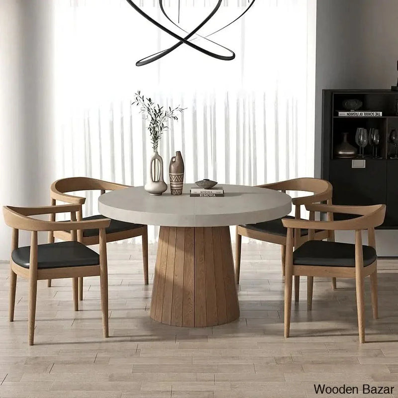 Japandi Dining Set with Walnut Wood Armchairs with 1 Table and 4 Chairs