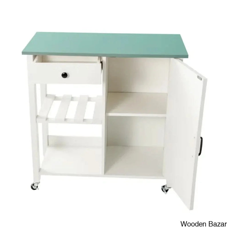 Jontarius 31.5'' Wide Rolling White Kitchen Island with Table-Top Kitchen trolley cart cabinet kitchen island with storage
