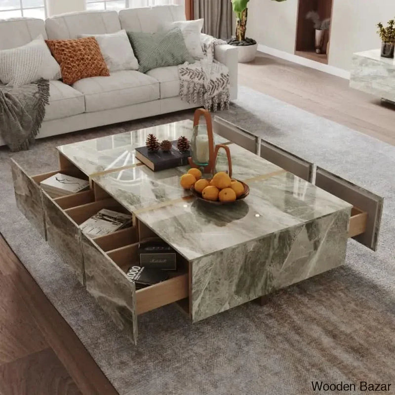 Journee 51" Sintered Stone Coffee and center Table with 6 Solid Teak Drawers
