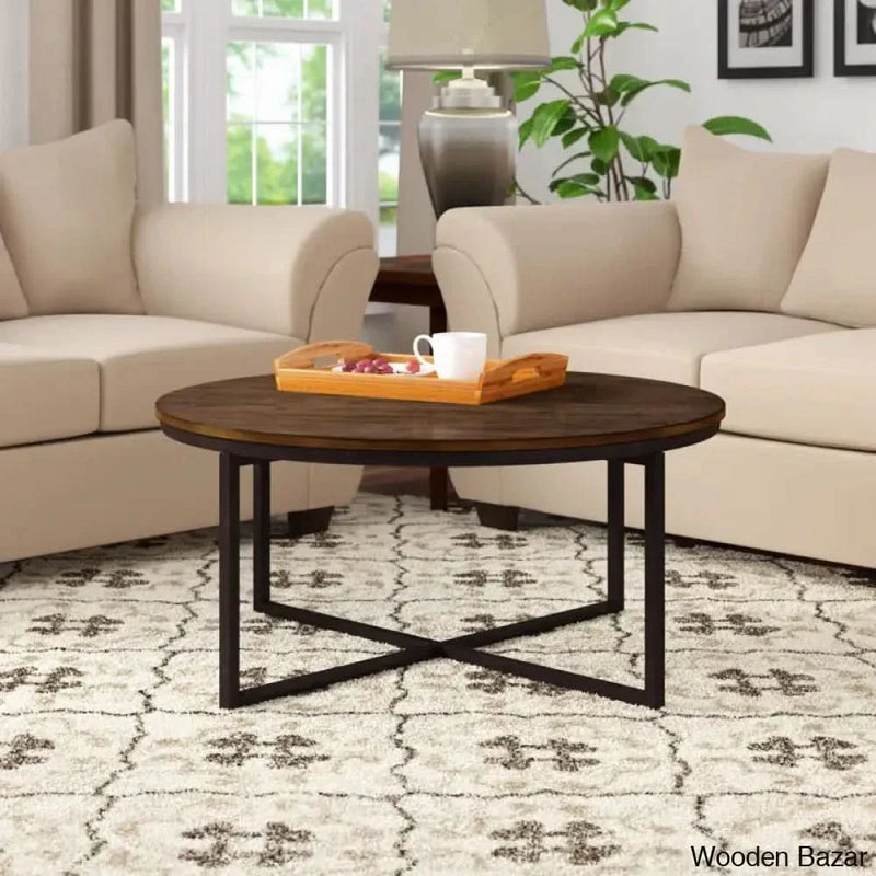 Kersh 42" Rustic Industrial Wooden Metal Frame Crossed Legged Round Coffee and Center Table