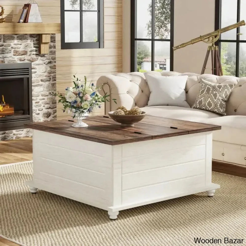 Kifero 35.4" Farmhouse Coffee and center Table with Large Hidden Storage, Wood Square Coffee Table