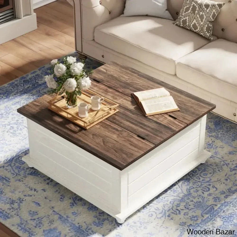 Kifero 35.4" Farmhouse Coffee and center Table with Large Hidden Storage, Wood Square Coffee Table