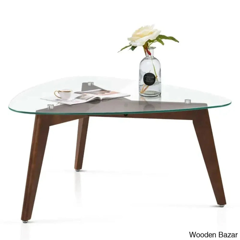Kirmanda Triangle Coffee and center Table Solid Rubber Wood Legs，Cocktail Table with Tempered Glass Tabletop