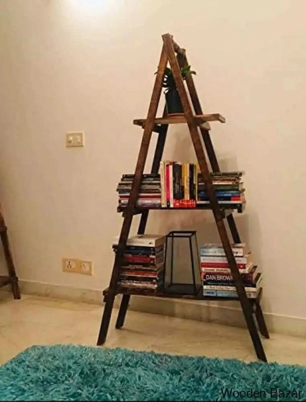 Ladder Book Shelf Bookcase Wooden Books Holder Space Classic for Home Decor and Office (3 Shelf)