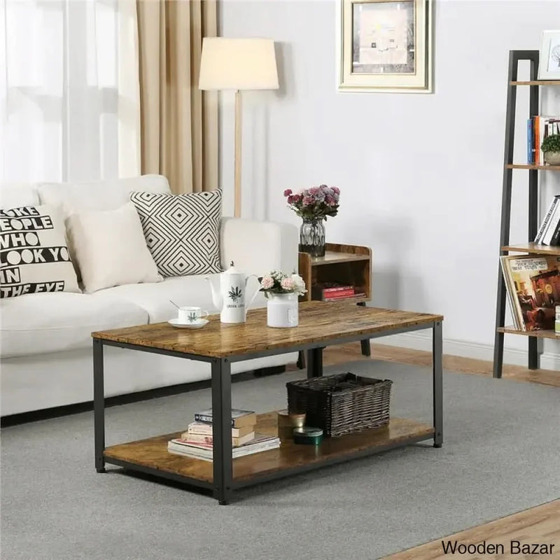 Lemmony Industrial Wood Coffee and center Table with Open Storage Shelf for Living Room
