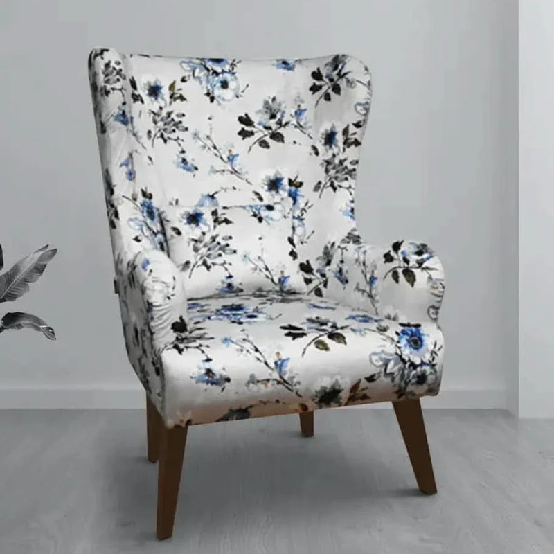 Leon Wing Chair with Grey & Blue Print Upholstery -Craft Decor