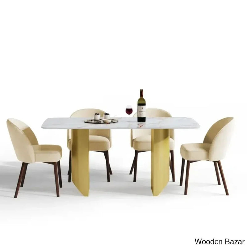 Liner Modern 4 Seater Faux Marble Top Double Pedestal Dining Set (Set of 5) Piece