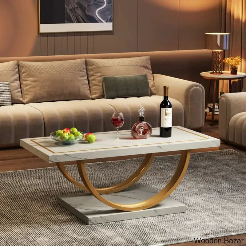 Lokeshc White and Gold Low Coffee and center Table Modern Rectangle Coffee Table