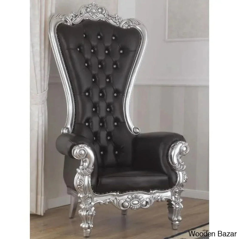 Luxurious High Back throne Silver Leaf & Buttons Chair (Black)