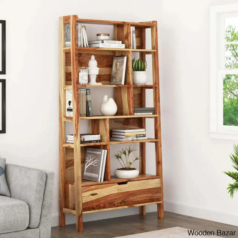 Marwar Solid Sheesham Wood Book Shelves with 10 Shelf & 1 Drawer Storage in Natural Brown Finish