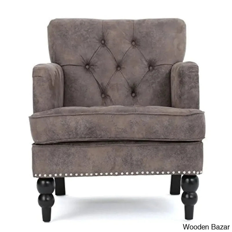 Medford Brown Tufted Club Chair, Fabric Accent Chair with Studded Nailhead Accents
