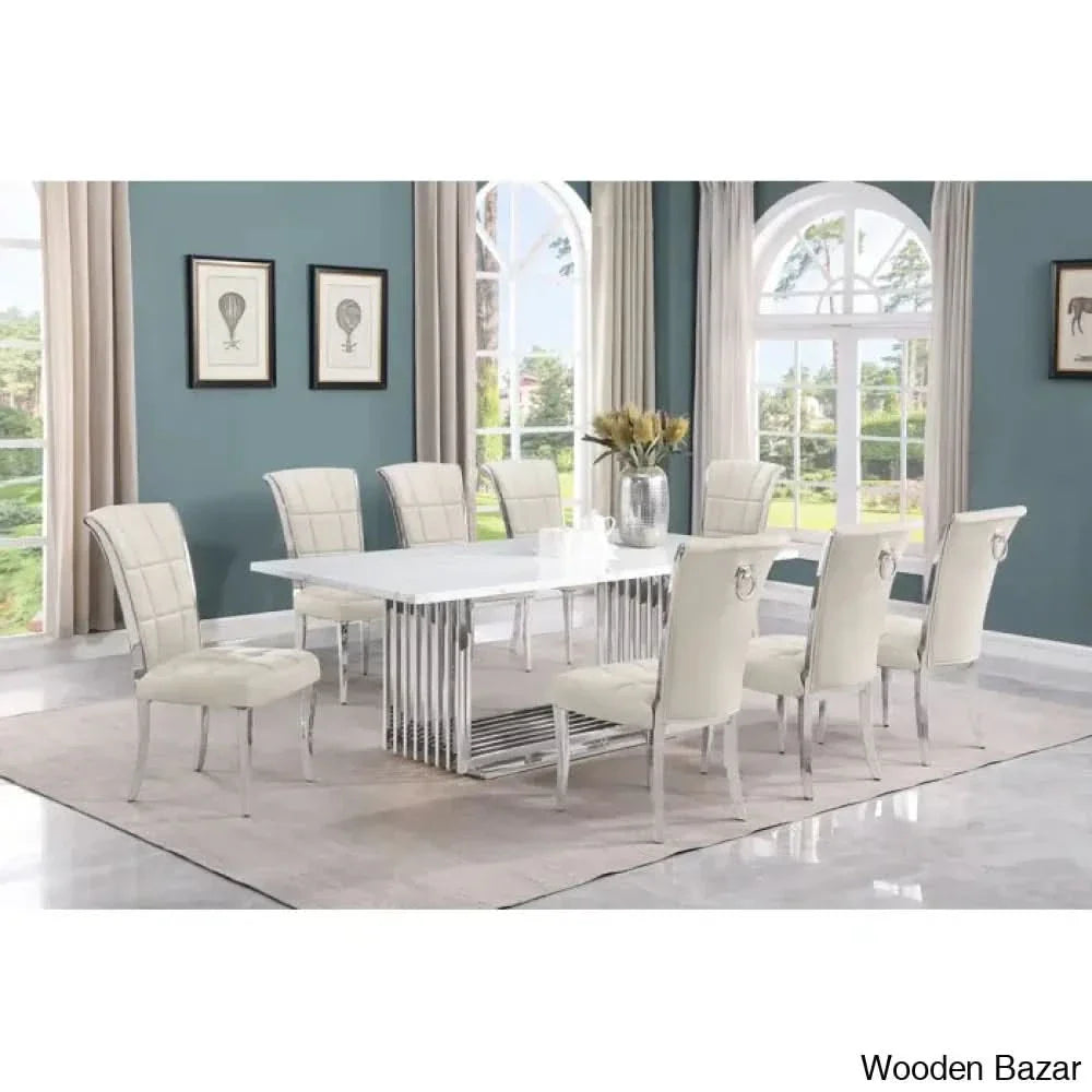 Miler Royal 8 Seater Dining Table Set Marble Top Rectangle Cream