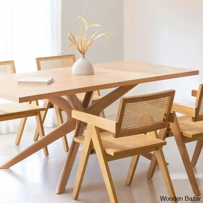 Miles Rattan Modern Dining Table Set With  Four Chairs with Armrests