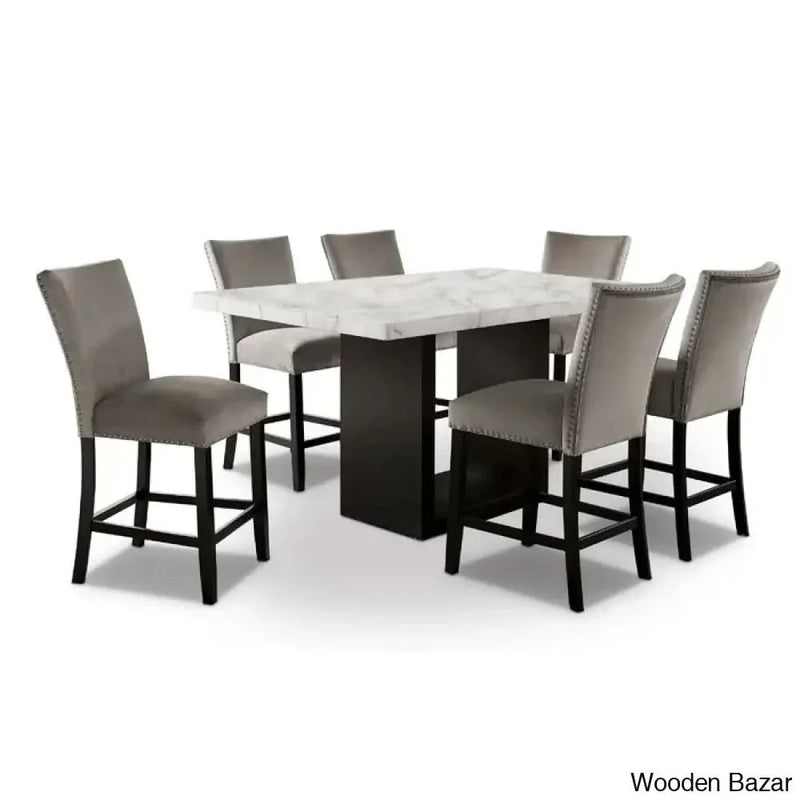 Minda New 6 Seater Marble Top Pedestal Dining Set For Modern Homes