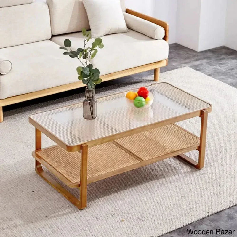 Mittal Sled Glass Top Wood Frame Rattan Coffee and center Table with Shelf