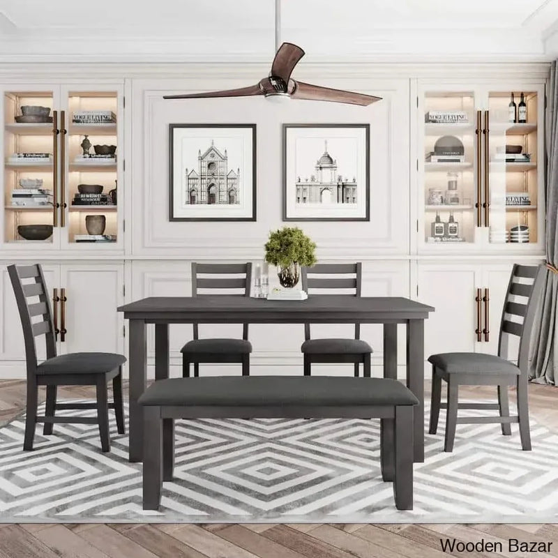 Modern Grey-Finished Teak Wood Dining Table Set with Bench – Sleek and Chic