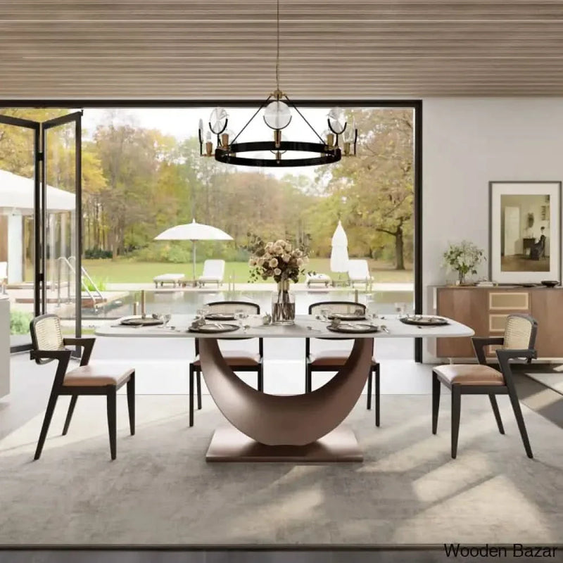 Modern Luxe Crescent Moon White Dining Table for 6 with Sintered Stone Top and Carbon Steel Legs