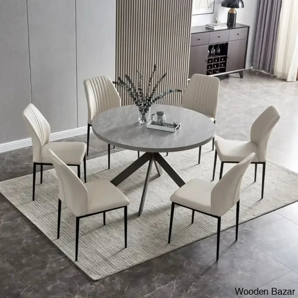 Modern Round Dining Table Set | Space-Saving Leisure Coffee With 6 Chairs Beige