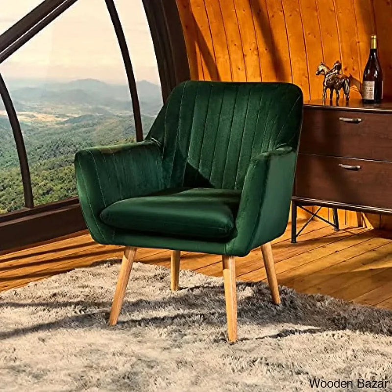 Modern Velvet Upholstered Armchair, Channel Tufted Tub Chair with Armrest and Rubberwood Legs (70 x 84 x 64 cm, Green)