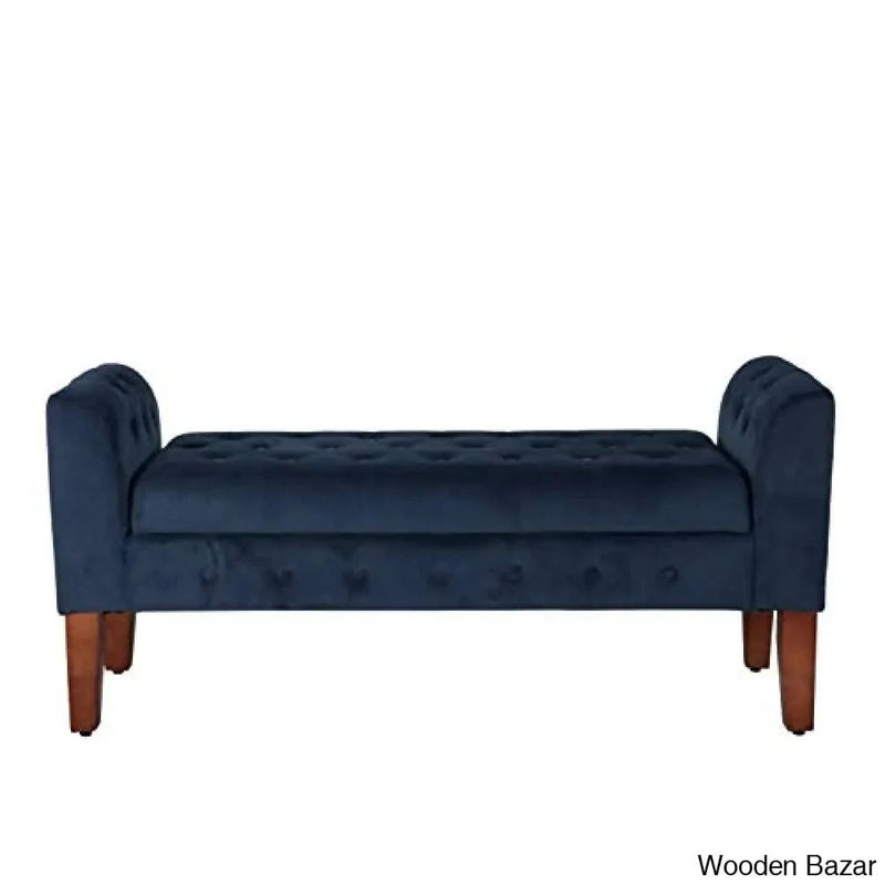 Navy Velvet Storage Bench/Settee Blue Solid Glam Foam Cherry Finish Tufted