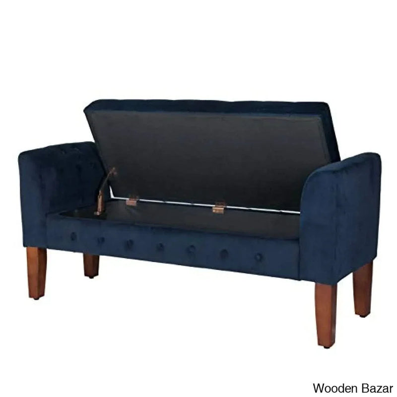 Navy Velvet Storage Bench/Settee Blue Solid Glam Foam Cherry Finish Tufted