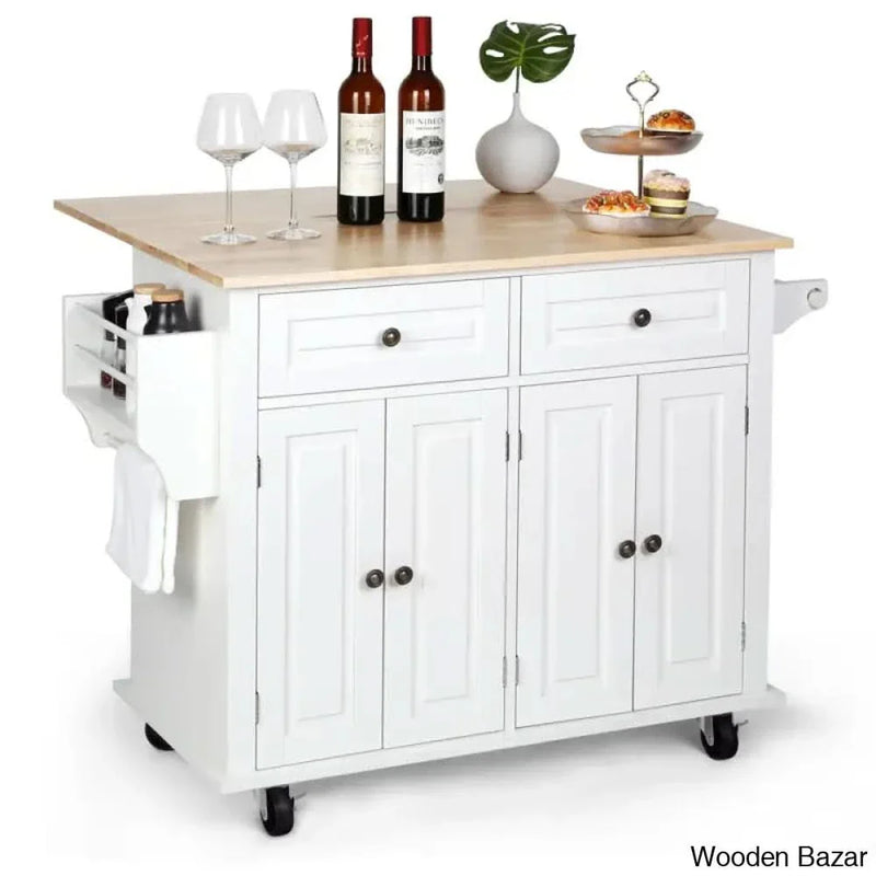 Nikayia 43.3"W Solid Wood Kitchen Island with Drop Leaf Kitchen trolley cart cabinet kitchen island with storage