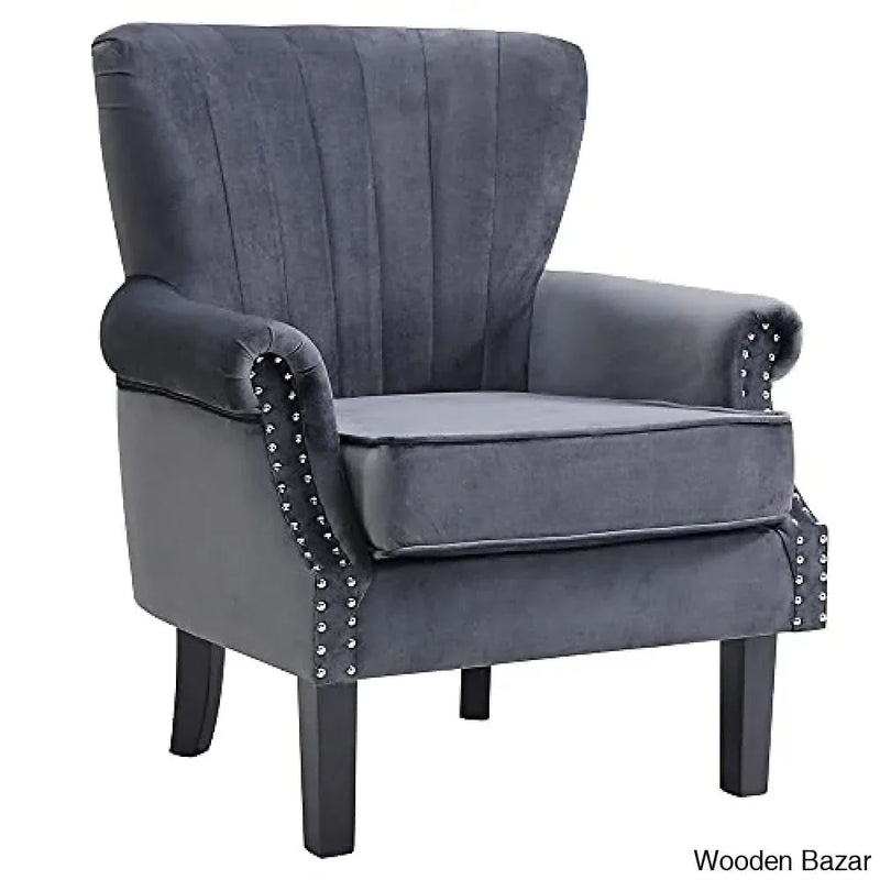 Occasional Accent Velvet or Fabric Lounge Cocktail Luxurious Padded Wing Back Armchair with Stud Detail Armrests (Dark Grey Velvet)