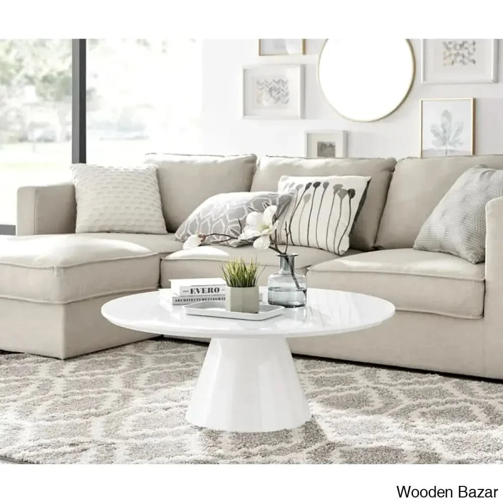 Palmic Luxury Pedestal Round Coffee And Center Table White Gloss Top/White Base