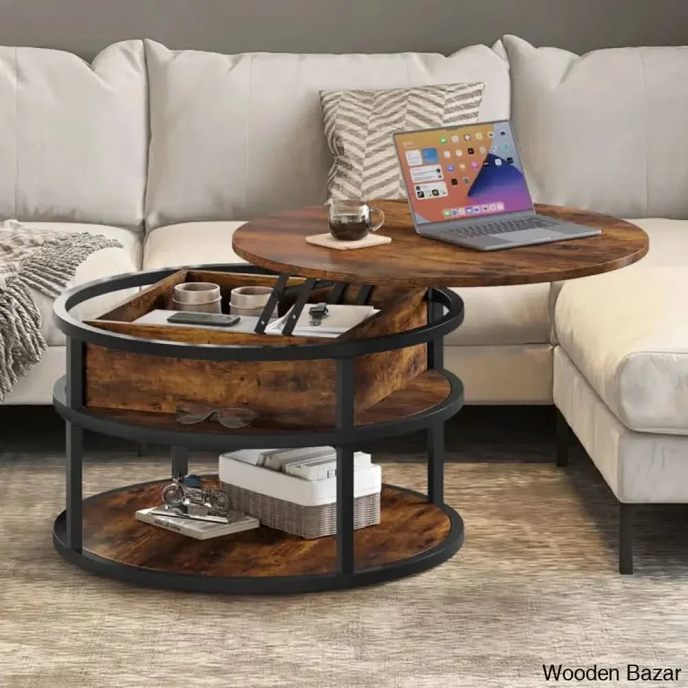 Rothwell Lift Top Extendable Round Frame Coffee Table With Storage And Center Wooden Brown Top/
