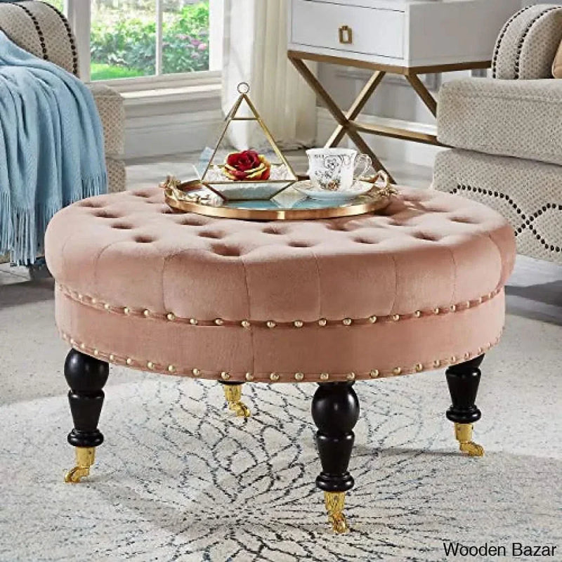 Round Upholstered Tufted Button Velvet Ottoman Coffee Table