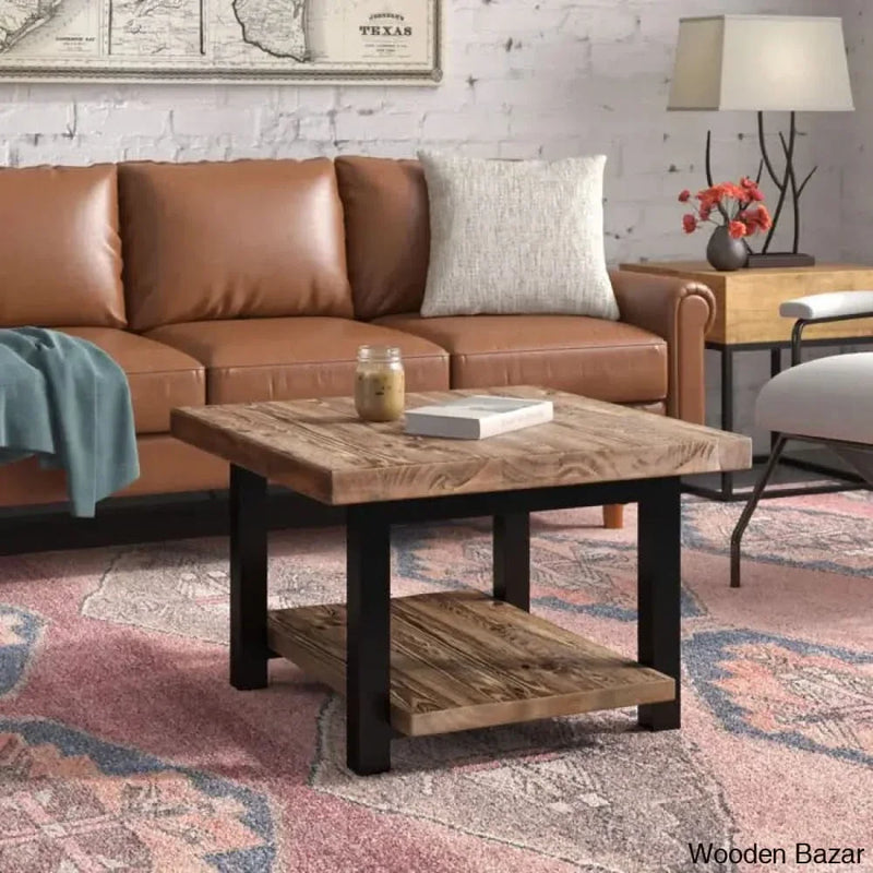 Runbelle 27" Wide Rustic Industrial Solid Wood And Metal Frame Square Coffee and center Table With A Shelf