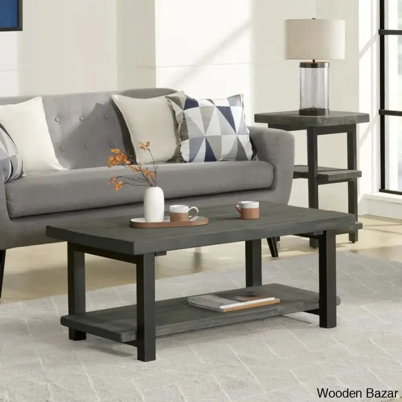 Rundell 42" Rustic Industrial Solid Wood and Metal Rectangular Coffee Table with Storage Shelf Coffee and center table