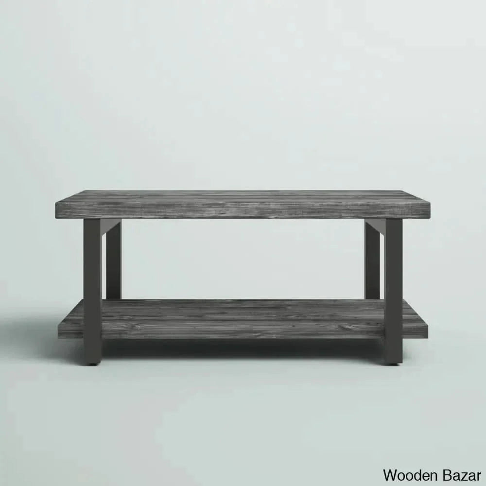 Rundell 42’’ Rustic Industrial Solid Wood And Metal Rectangular Coffee Table With Storage Shelf