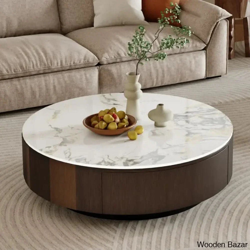SUMOO 35.5" Wood Brown Round Coffee Table, Faux Marble table-top Coffee and center table