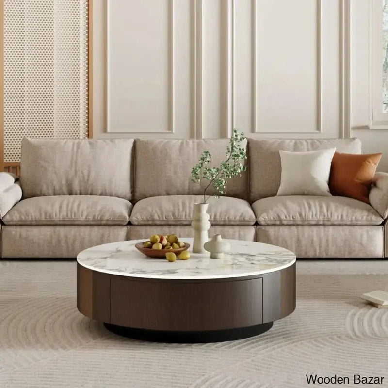 SUMOO 35.5" Wood Brown Round Coffee Table, Faux Marble table-top Coffee and center table