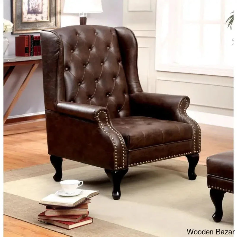 Upholstered Wingback chesterfield crafted Arm Chair -Wooden  Bazar