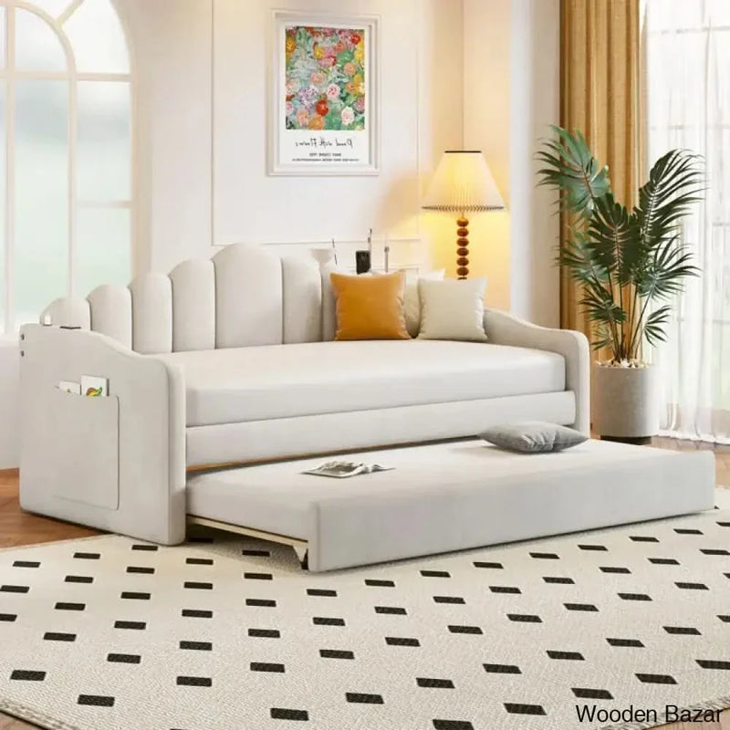 Velvet sofa bed featuring USB charging ports and an Upholstered Daybed