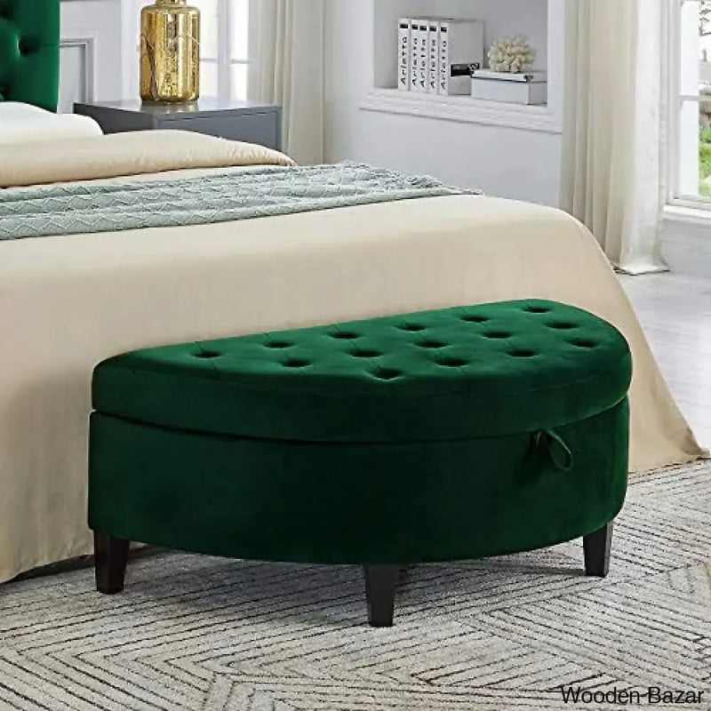Velvet Upholstered Tufted Button Half Moon ottoman with storage