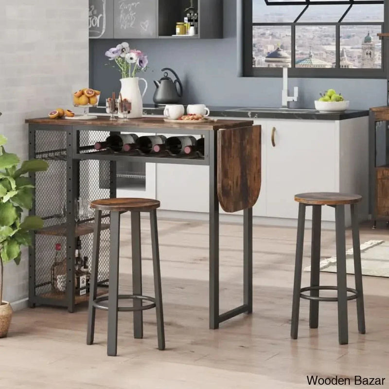 Verret Liquor Bar Pub Table Adjustable Shelves & Cup Holder Wine Rack in Set Kitchen trolley cart cabinet kitchen island with storage