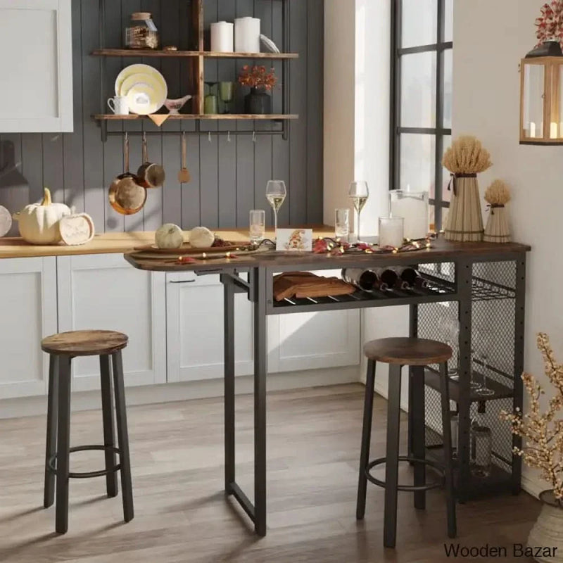 Verret Liquor Bar Pub Table Adjustable Shelves & Cup Holder Wine Rack in Set Kitchen trolley cart cabinet kitchen island with storage