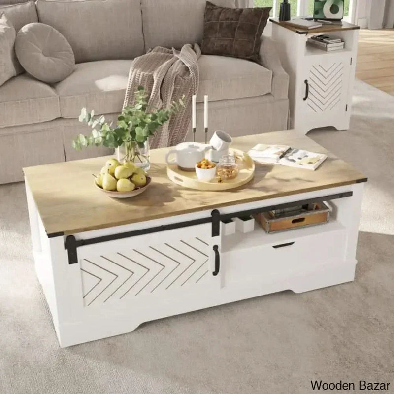 Versaviah 47" Farmhouse Coffee and center Table with Drawer and Barn Door