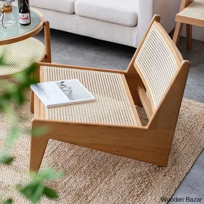Walnut Rattan and Wood Lounge Chair Accent Chair for Living Room - Craft Decor