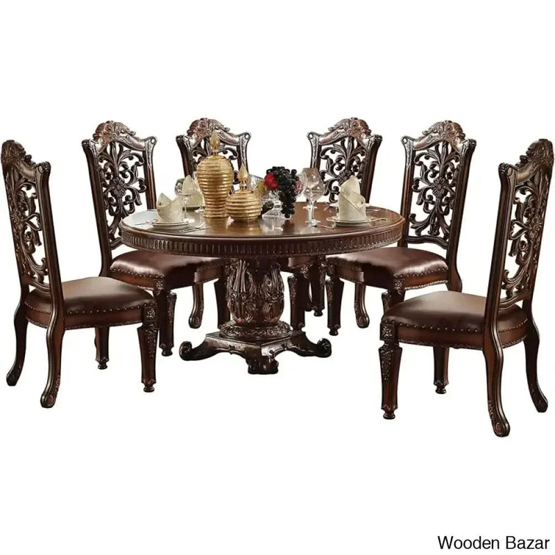 Williamson New 7- Piece Dining Table Set Pedestal in Brown Color