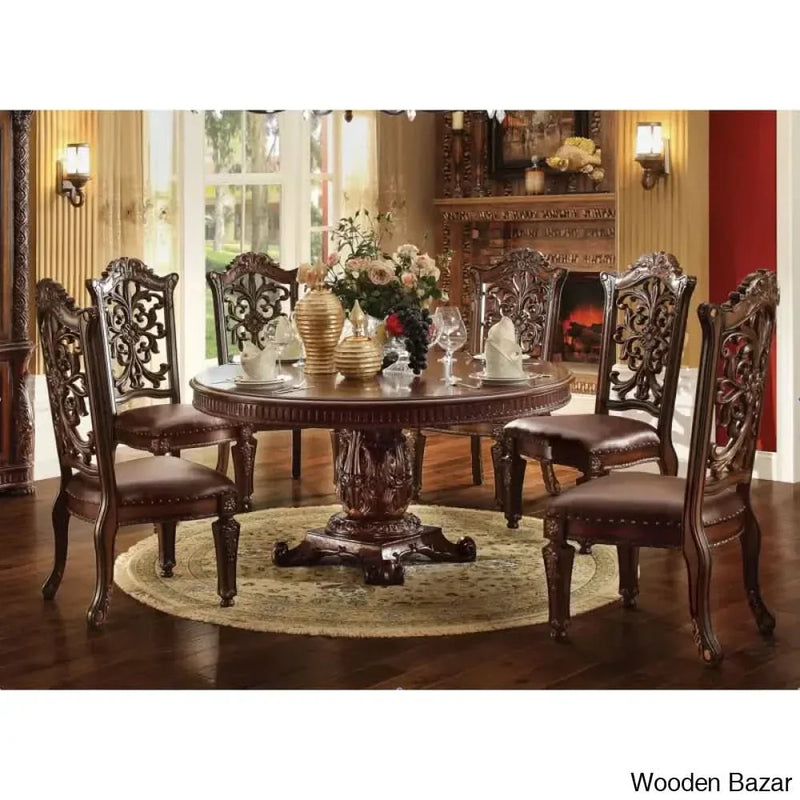 Williamson New 7- Piece Dining Table Set Pedestal in Brown Color